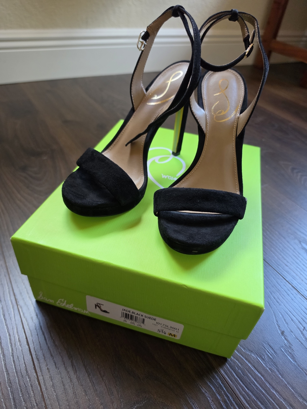 Sam Edelman Jade Black Suede Open-Toe Ankle Strap Stiletto Heels